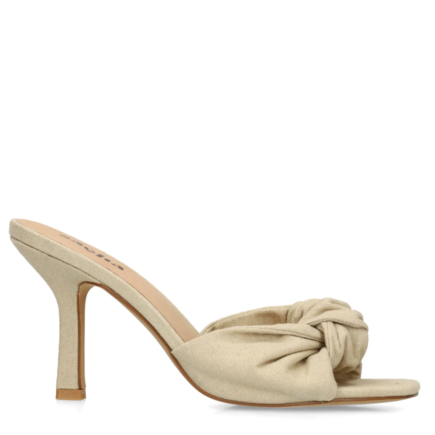 Beige muiltjes met hak en knoop detail