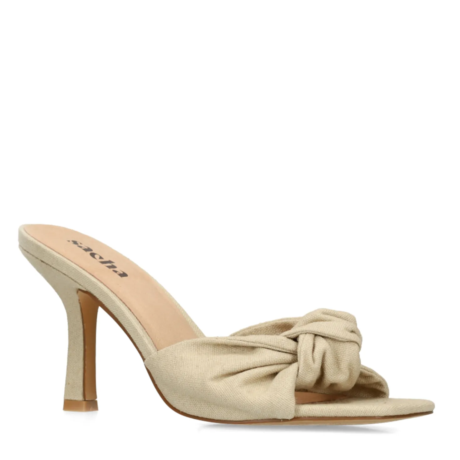 Beige muiltjes met hak en knoop detail