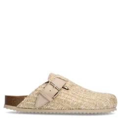 Beige raffia clogs met gesp