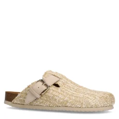 Beige raffia clogs met gesp