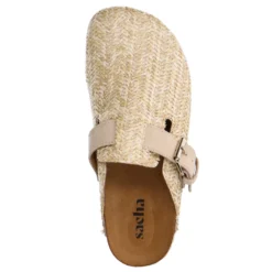 Beige raffia clogs met gesp