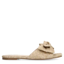 Beige raffia slippers met strik