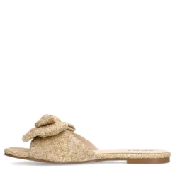 Beige raffia slippers met strik