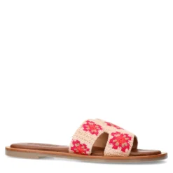Beige slippers met roze bloemen embroidery