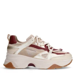 Beige sneakers met burgundy details