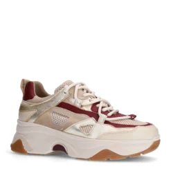 Beige sneakers met burgundy details