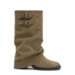 Beige suède biker boots met flap
