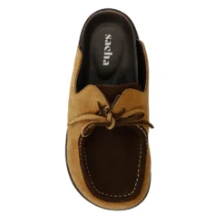 Beige suède clogs met bruine upper
