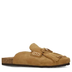 Beige suède clogs met franjes