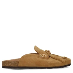 Beige suède clogs met franjes