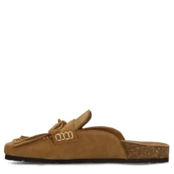 Beige suède clogs met franjes