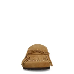 Beige suède clogs met franjes