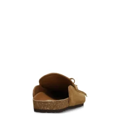 Beige suède clogs met franjes