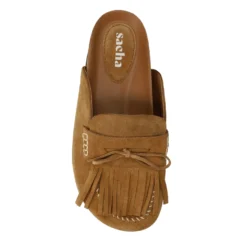 Beige suède clogs met franjes