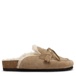Beige suède clogs met wol