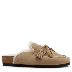 Beige suède clogs met wol