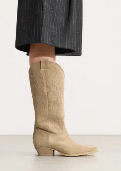 Beige suède cowboylaarzen met stiksels