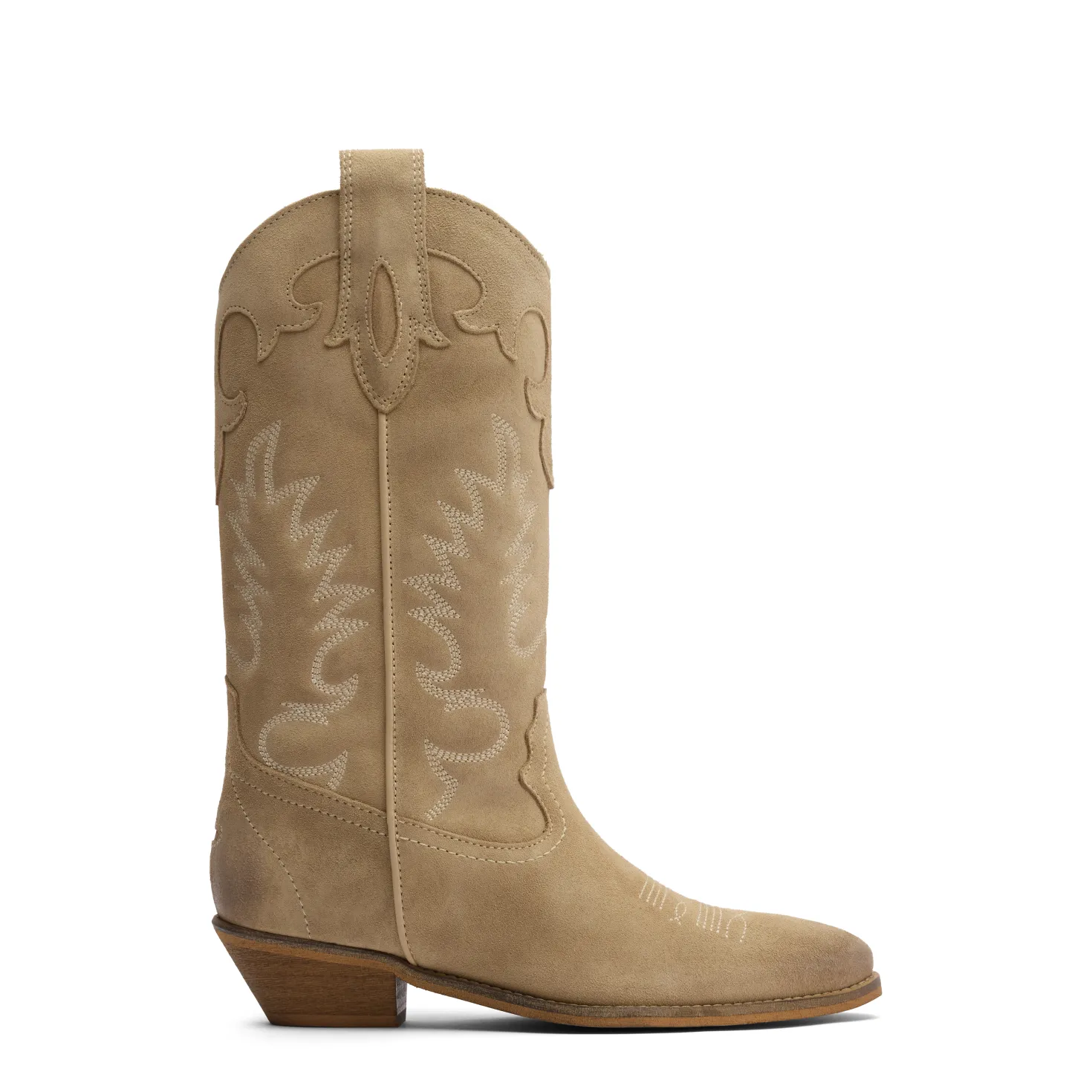 Beige suède cowboylaarzen met sierstiksels
