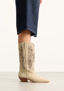 Beige suède cowboylaarzen met sierstiksels