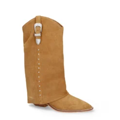 Beige suède cowboylaarzen met flap