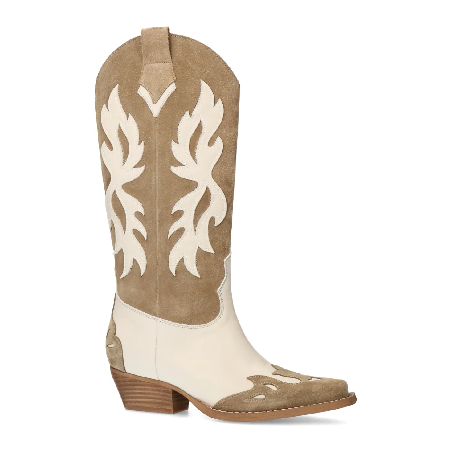 Beige suède cowboylaarzen met sierstiksels