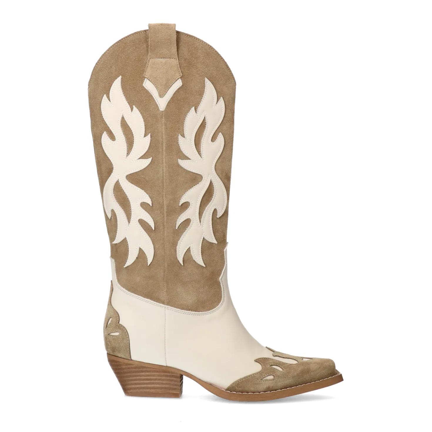 Beige suède cowboylaarzen met sierstiksels