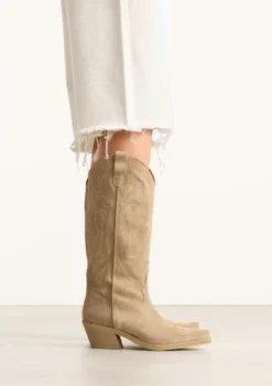 Beige suède cowboylaarzen met stiksels