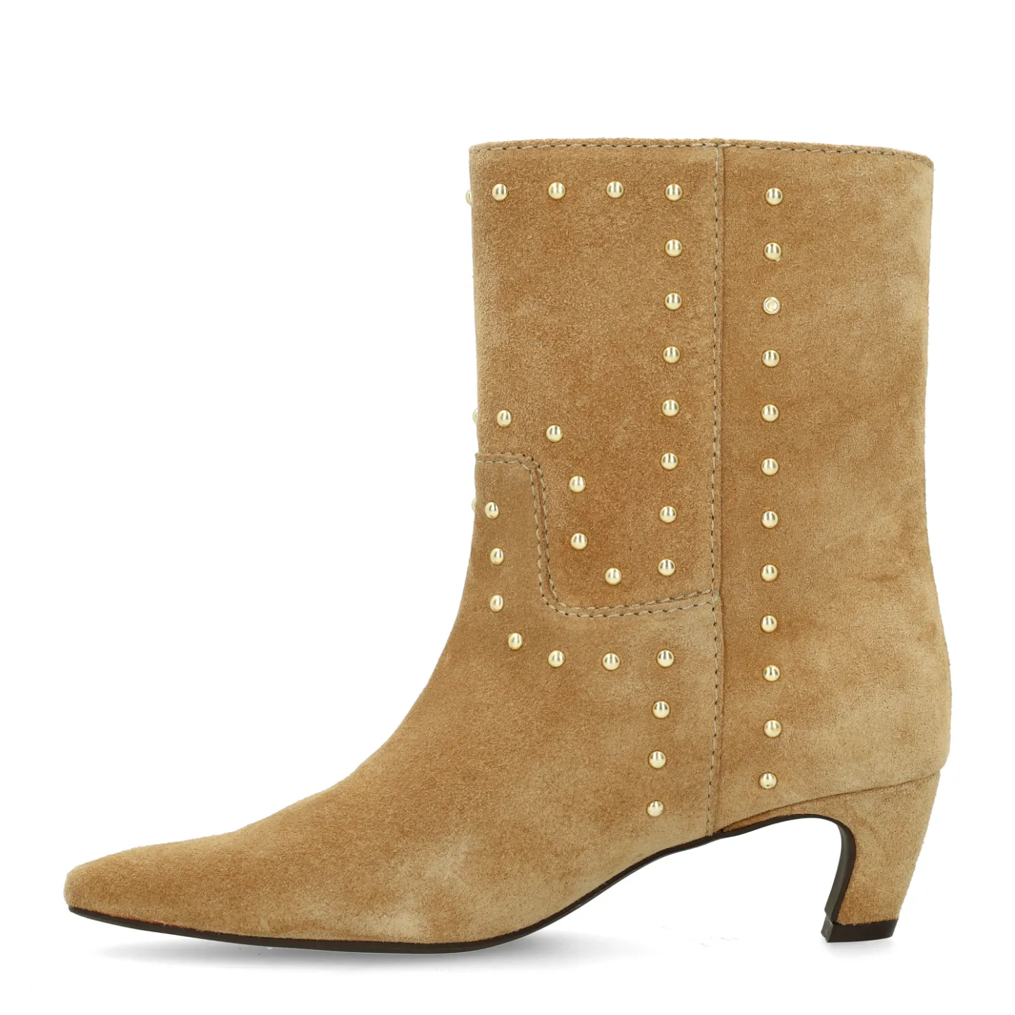Beige suède enkellaarsjes met goudkleurige studs