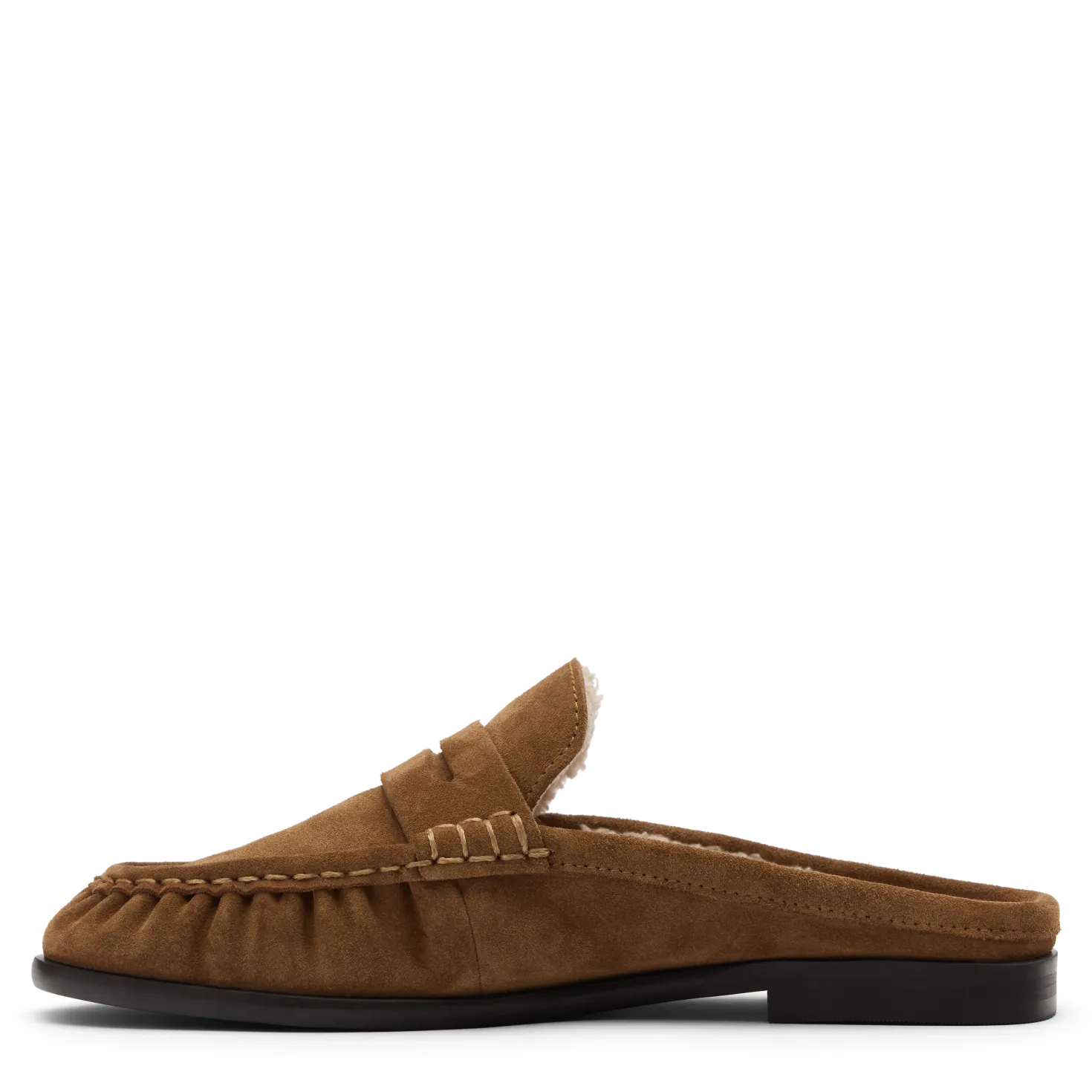 Beige suède instappers met wol