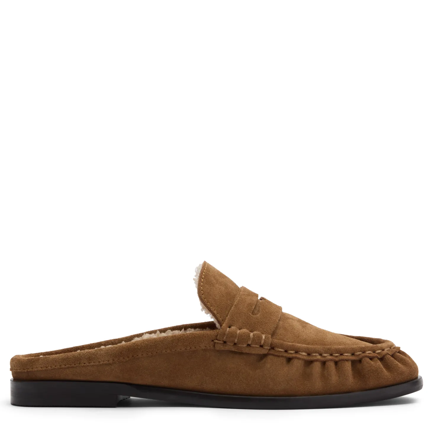 Beige suède instappers met wol