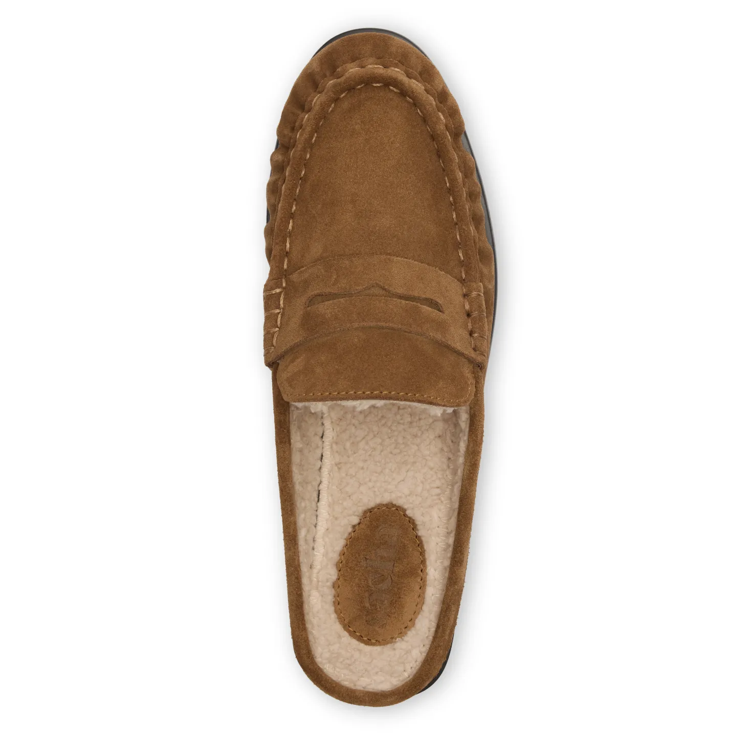 Beige suède instappers met wol