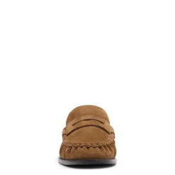Beige suède instappers met wol