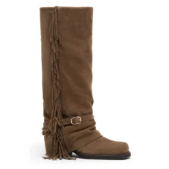 Beige suède laarzen met flap en franjes
