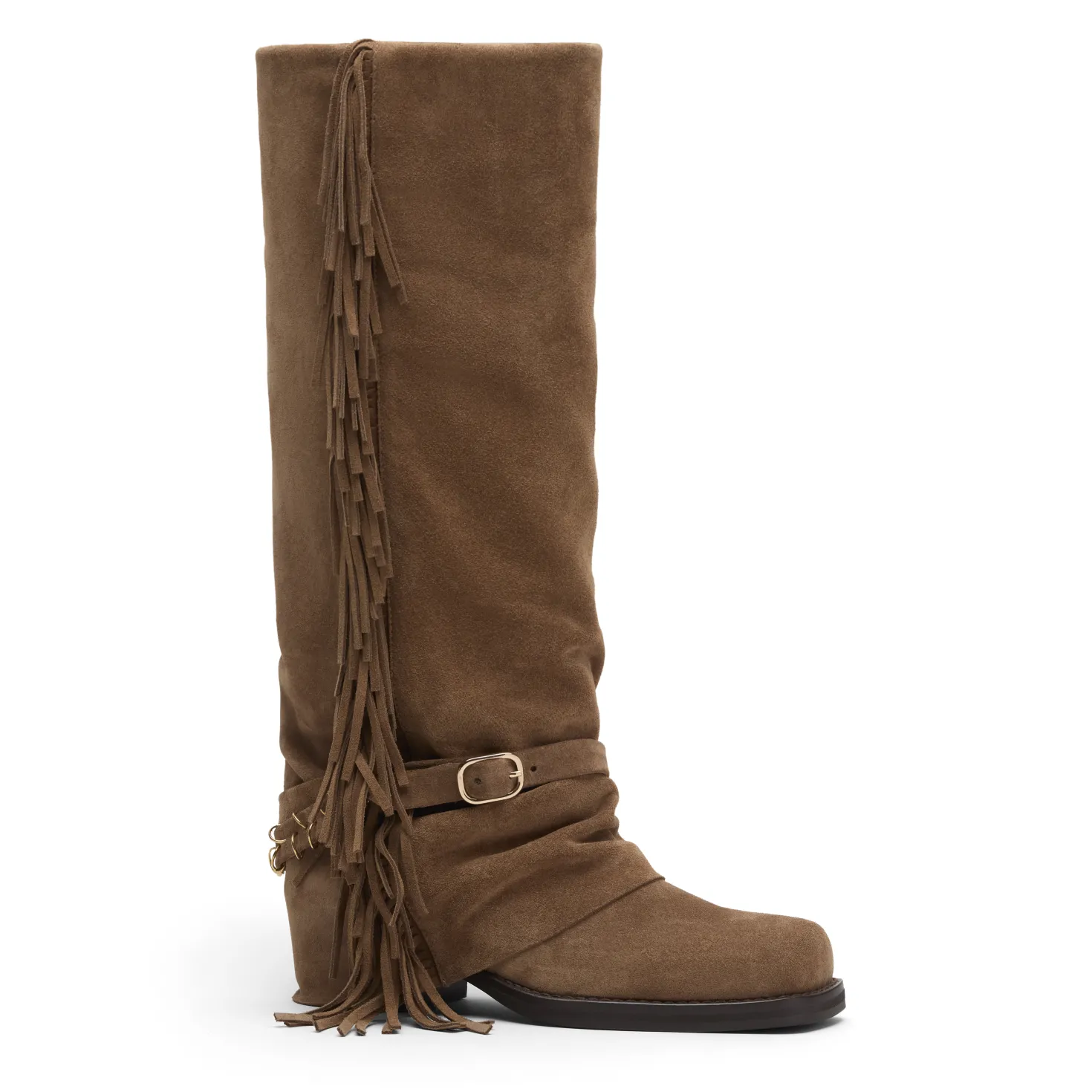 Beige suède laarzen met flap en franjes