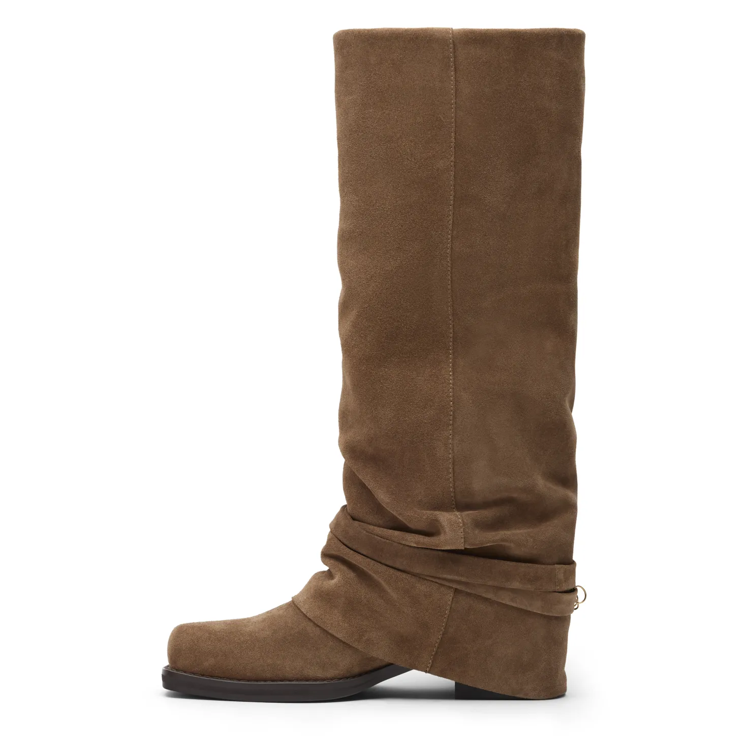 Beige suède laarzen met flap en franjes
