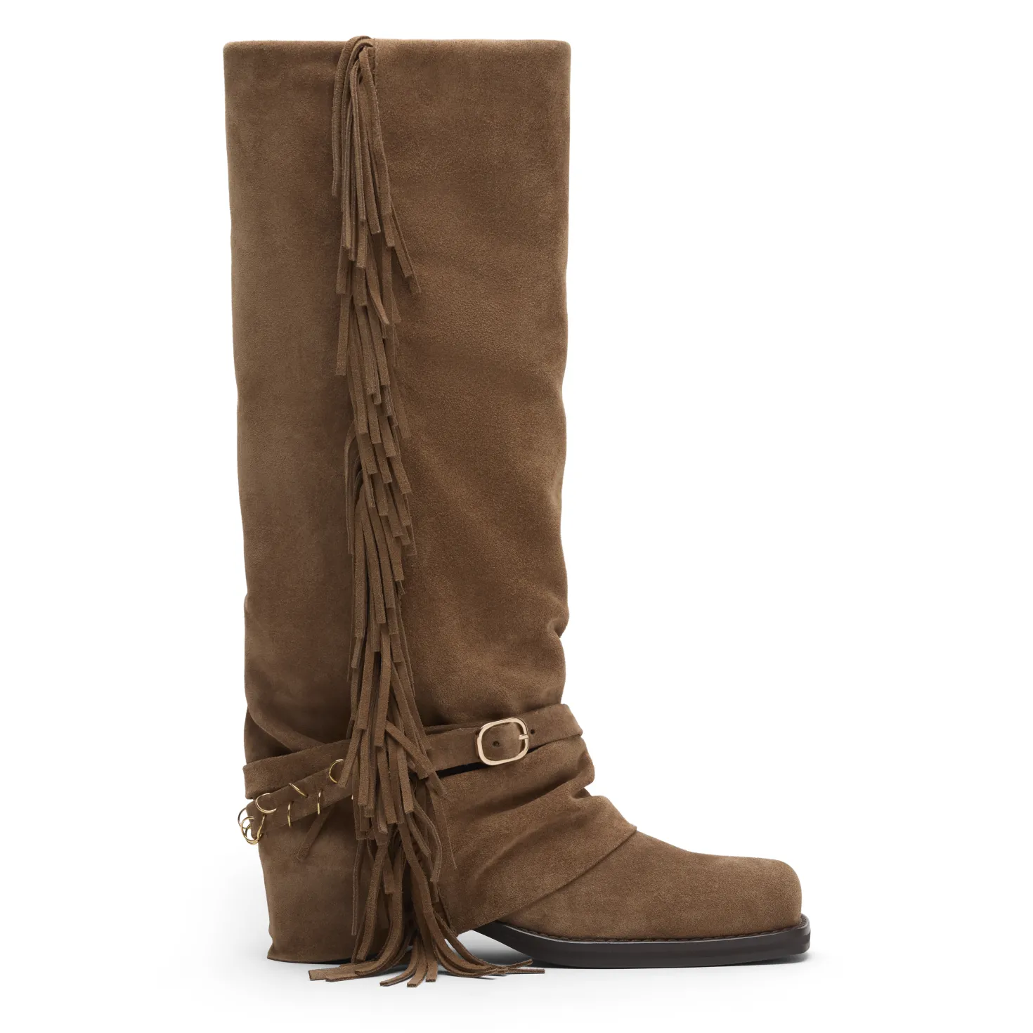 Beige suède laarzen met flap en franjes