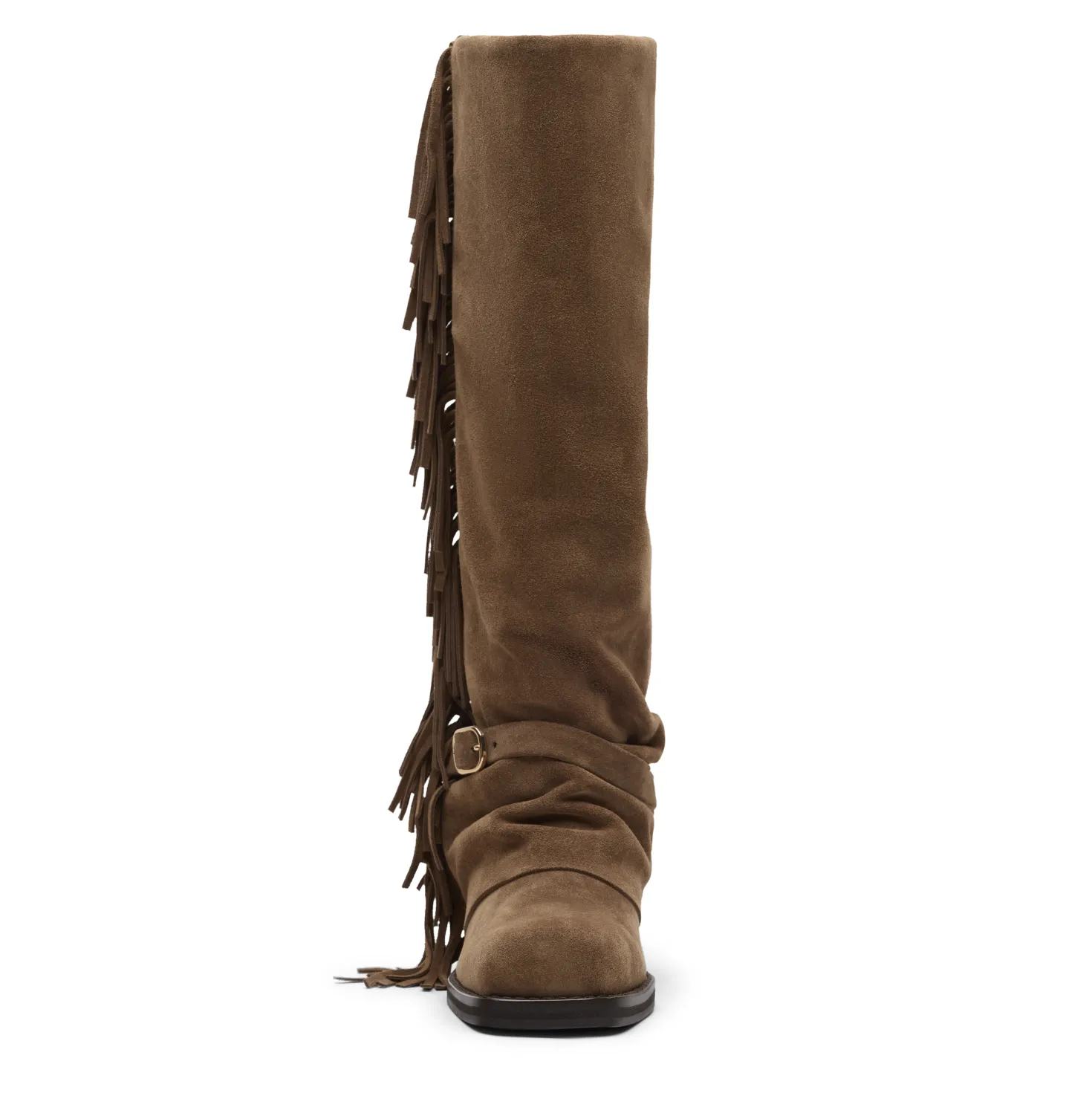 Beige suède laarzen met flap en franjes