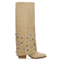 Beige suède laarzen met flap en studs