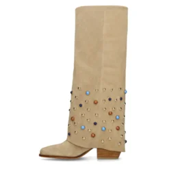 Beige suède laarzen met flap en studs