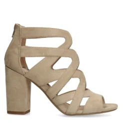Beige suède opengewerkte sandalen met hak