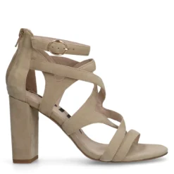 Beige suède opengewerkte sandalen met hak