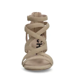 Beige suède opengewerkte sandalen met hak