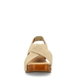 Beige suède sandalen met houten hak