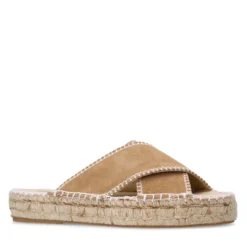Beige suède slippers met witte stiksels