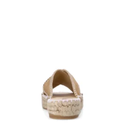 Beige suède slippers met witte stiksels