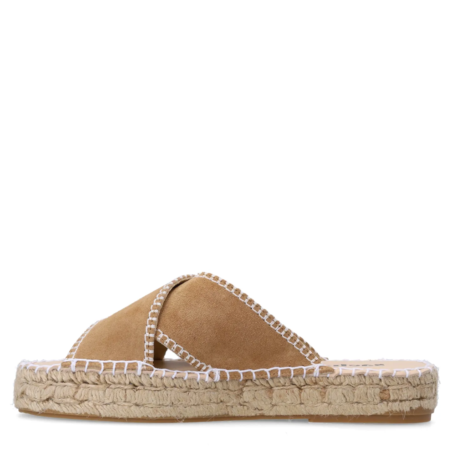 Beige suède slippers met witte stiksels