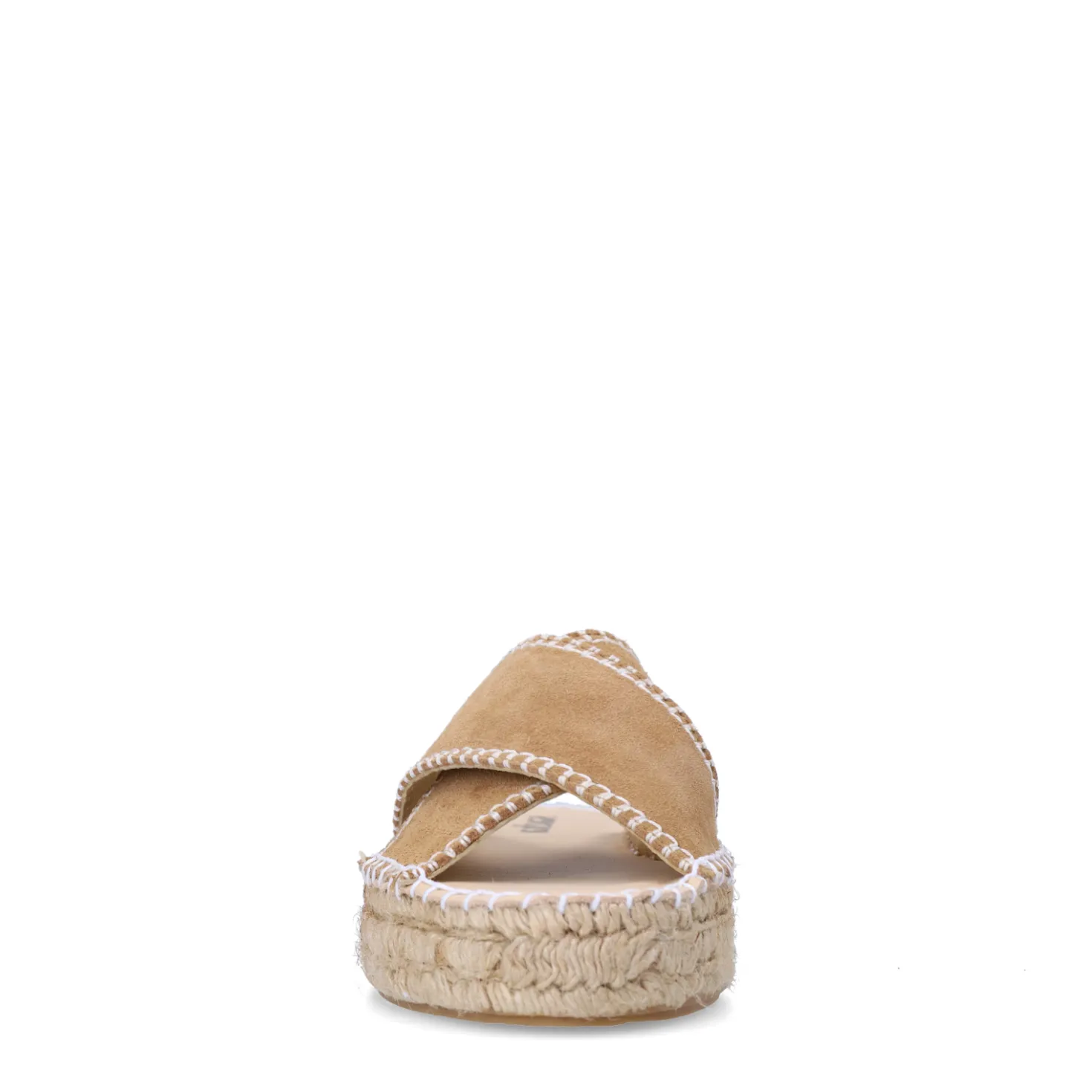 Beige suède slippers met witte stiksels