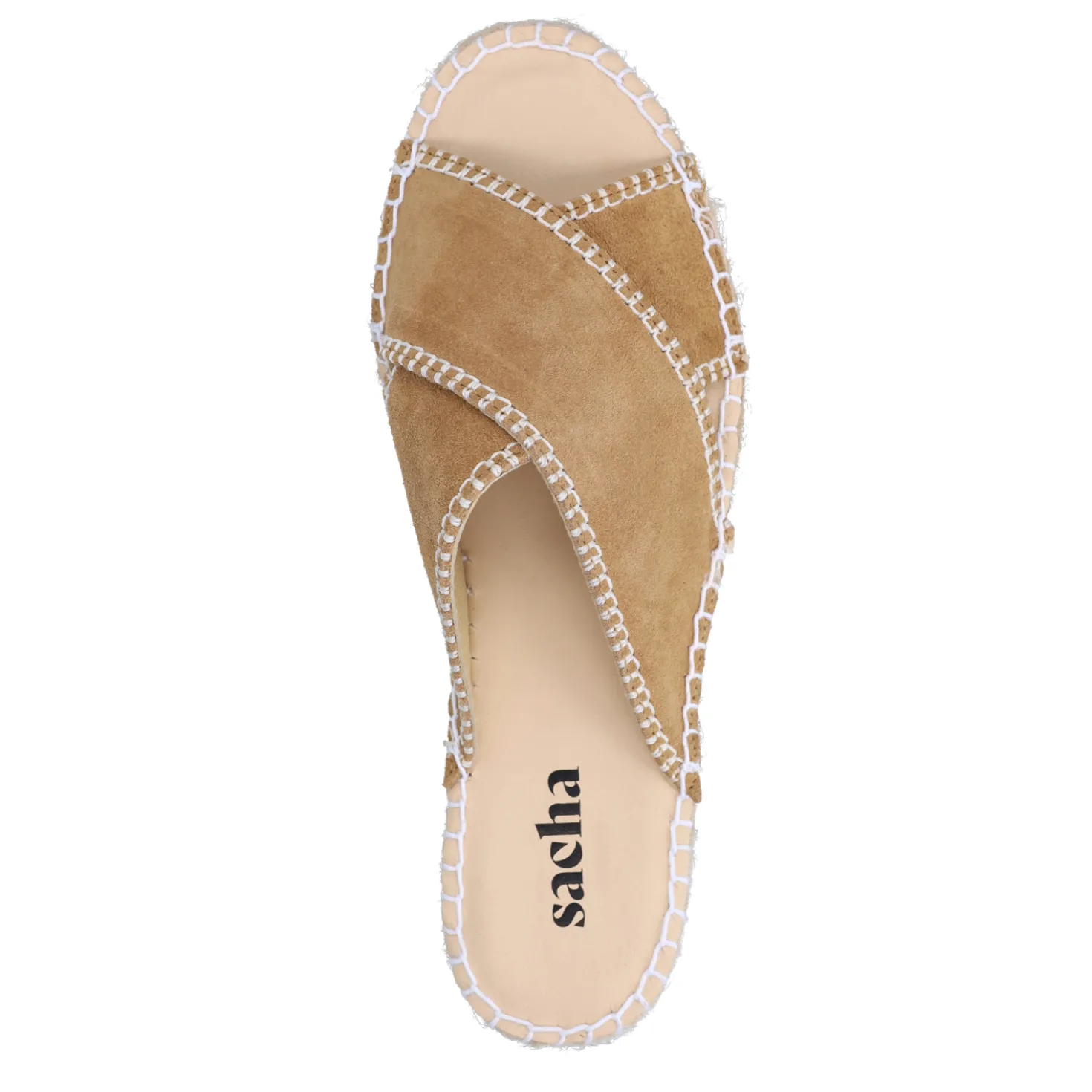 Beige suède slippers met witte stiksels