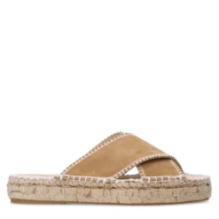 Beige suède slippers met witte stiksels
