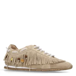 Beige suède sneakers met franjes